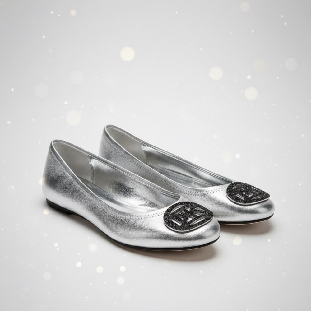 Anne Klein Silver Metallic Ballet Flats with Black Logo Medallion